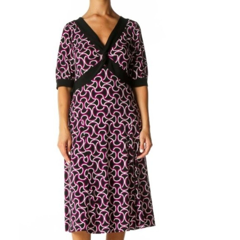 NWT DONNA MORGAN FIT & FLARE V-NECK BLACK, PURPLE & WHITE BELTED DRESS SIZE 2